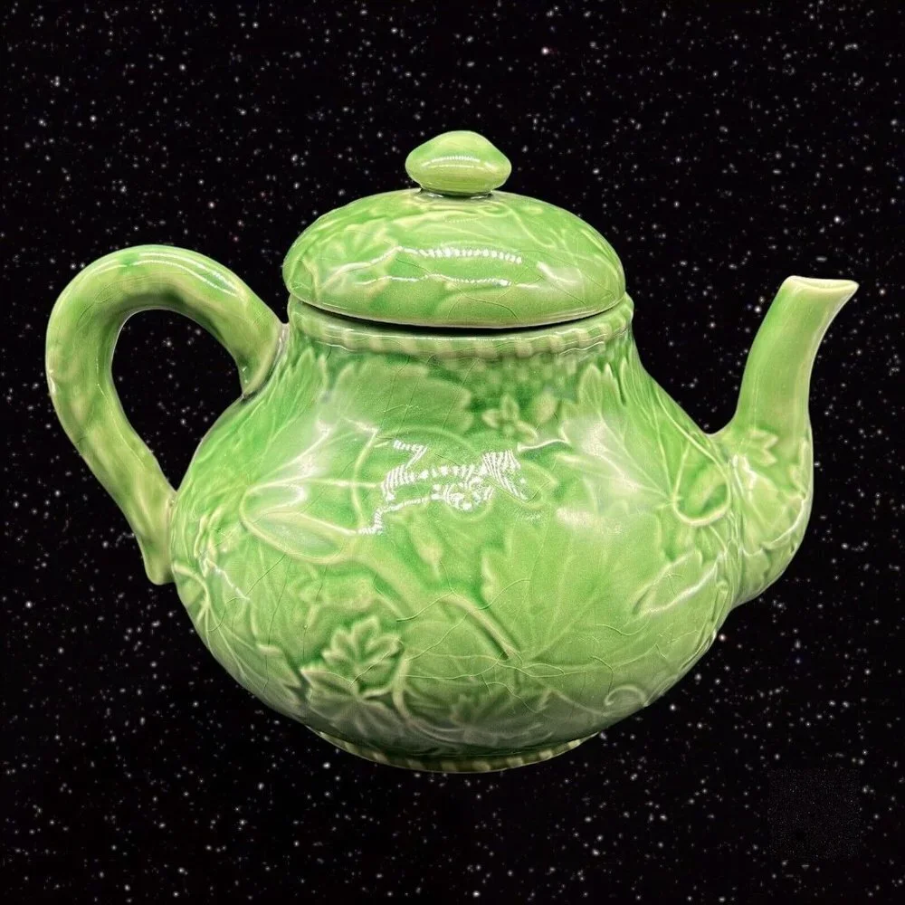 Vintage Pier 1 Imports Handpainted Green Cabbage Teapot Portugal 6”W 9”T‎